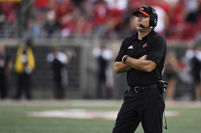 Satterfield looks during the second half against the Virginia Cavaliers at Cardinal Stadium. When the two teams faced off in 2021, Virginia defeated Louisville 34-33.